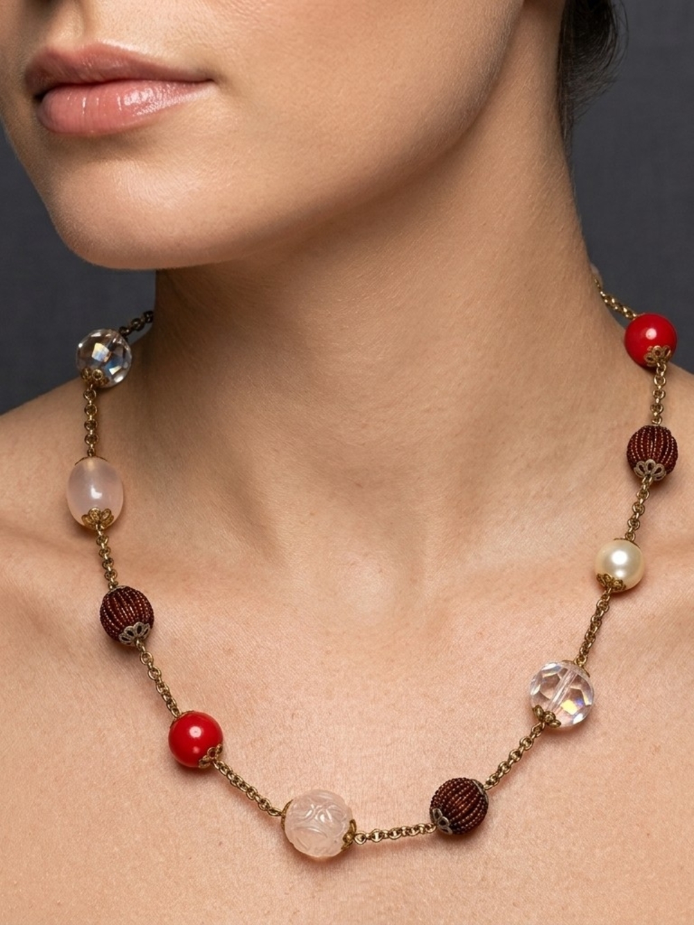 Vintage Style Beaded Station Necklace Copper Tone Acrylic & Faux Pearl 12"